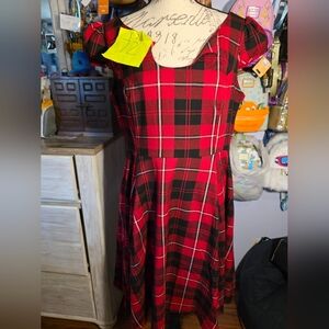 Hearts & Roses Plaid Pin Up Midi Dress Sz L 14 Rockabilly Academia Retro
